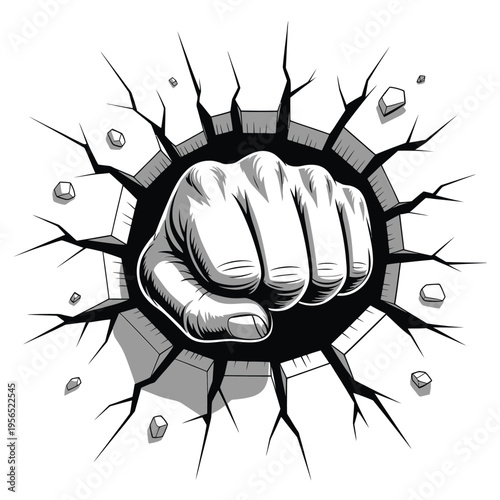 A clenched fist breaking through a cracked wall symbolizing power
