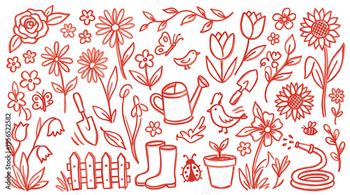 Charming garden doodle illustration with flowers, plants, watering can, boots, and gardening tools in a whimsical red line art style