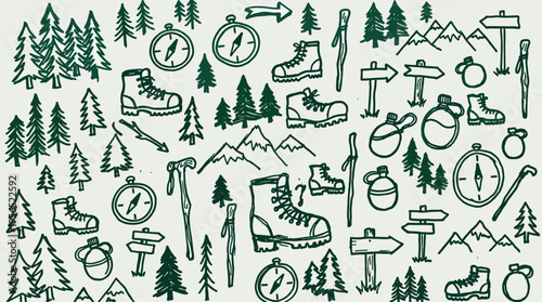 Hand drawn doodle seamless pattern of hiking and camping equipment including boots compasses trees mountains and signs for outdoor adventure and travel