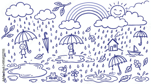 Charming doodle illustration of a rainy day with a rainbow, children playing with umbrellas, and a happy sun peeking through clouds