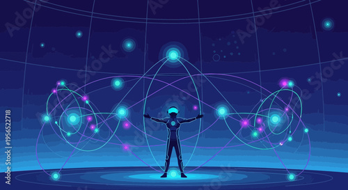 Virtual reality experience: A digital silhouette with extended arms in a connected world