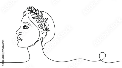 Elegant line art depicts a woman s profile adorned with a floral wreath