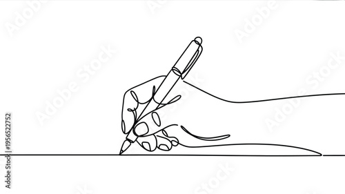 Minimalist line drawing of a hand writing with a pen