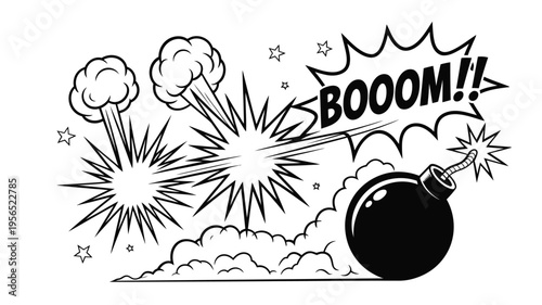 Exploding bomb with comic book style effects and a boom text