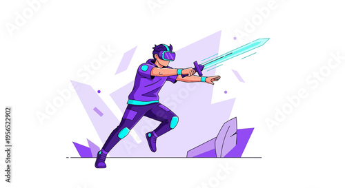 Virtual Reality Gaming: Man with VR Headset wielding sword in immersive digital world