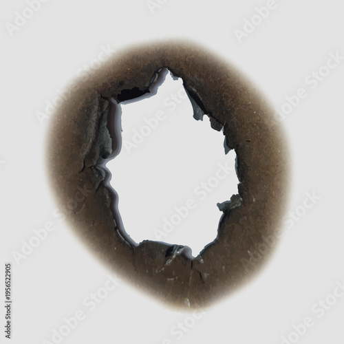 Paper burnt hole frame, vector charred overlay effect, burned paper round border with fire scorched edge, ash on gray