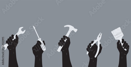 Silhouettes of hands holding various tools, symbolizing repair, construction, and DIY projects.