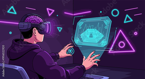 Virtual reality immersion showcasing human interaction in a digital futuristic world landscape