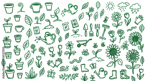 Charming hand drawn doodle illustration of gardening tools plants flowers and insects for spring and summer projects
