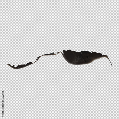 Paper burnt stroke, charred overlay paper side with ash vector realistic illustration isolated on transparent background