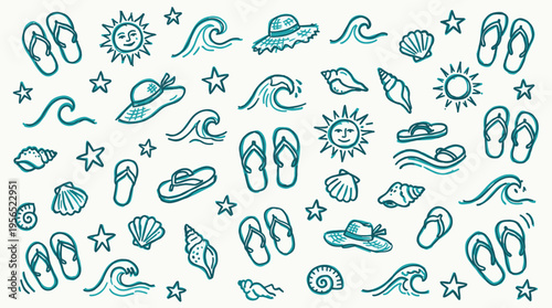 Charming hand drawn summer vacation icons and symbols for beach holidays and travel adventures