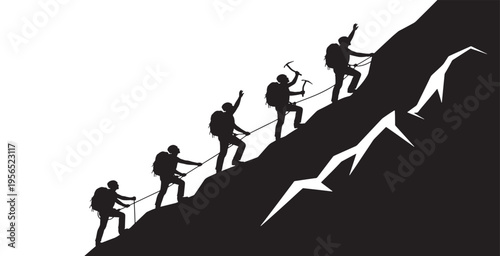 Silhouettes of mountaineers climbing a steep mountain, symbolizing challenge, teamwork, and success in outdoor adventure.