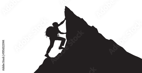 Silhouette of a person climbing a steep mountain peak, symbolizing challenge and achievement.
