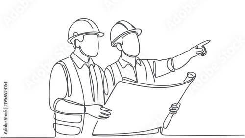 Continuous line drawing of two construction workers reviewing blueprints