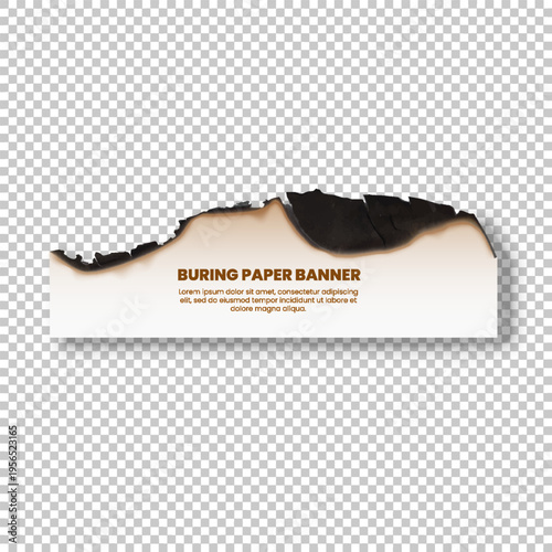 Realistic paper burnt poster with charred top edge, sheet with scorched edge ash vector design on transparent background