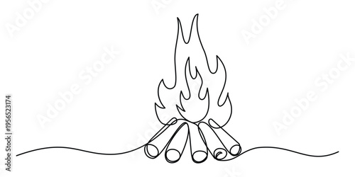 A single continuous line drawing of a burning campfire with logs stacked in a triangular shape