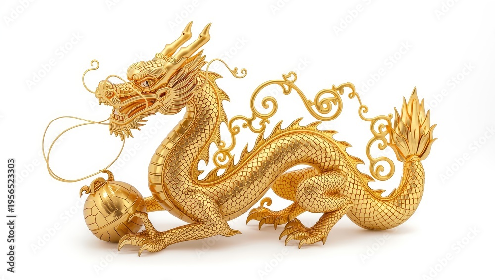 Fototapeta premium Isolated golden Chinese dragon on white background. Feng Shui figure.