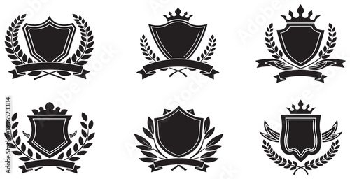 Set of six black and white heraldic shields with crowns, laurels, and banners, perfect for emblems, logos, and insignia designs.