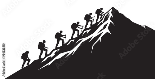 Silhouettes of people climbing a steep mountain, representing challenge, success, and teamwork in an outdoor adventure.