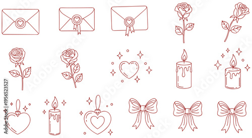 Red line art Valentines Day icons with hearts, flowers, and candles in minimalist style for love and romance themed greeting cards