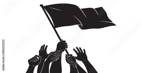 Black flag held high by many hands, symbolizing protest, revolution, and freedom, on a white background.