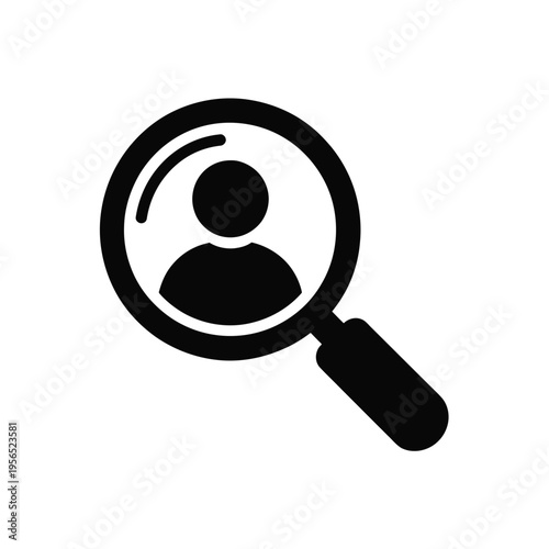 A black and white icon depicting a magnifying glass over a person s silhouette