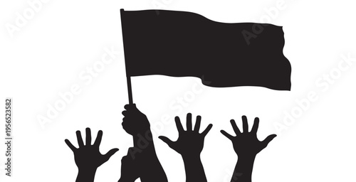 Black flag held high by a group of raised hands, symbolizing protest, revolution, or a strong collective statement.