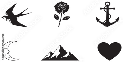Set of six black and white minimalist tattoo designs including a swallow, rose, anchor, crescent moon, mountain, and heart.
