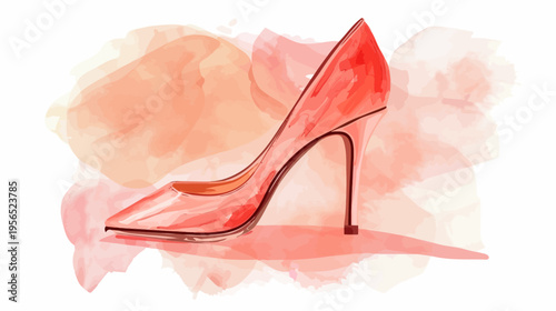 Elegant red stiletto heel shoe artwork on watercolor background vector illustration