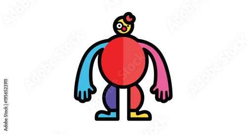 Abstract colorful cartoon character with a round body and distinct limbs, isolated on a white background