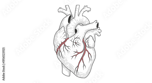 Anatomical illustration of a human heart with coronary arteries, isolated on white background, medical concept