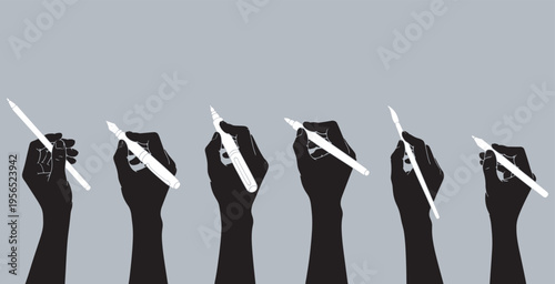 Row of silhouetted hands holding pens, illustrating writing, creativity, and communication.