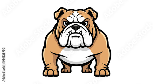 Bold cartoon bulldog illustration, standing front view with a fierce and determined face, ideal for sports mascots, emblems, and branding