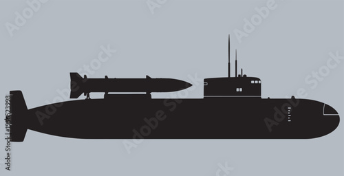 Black silhouette of a modern submarine with a missile on its deck, representing naval power and military technology.