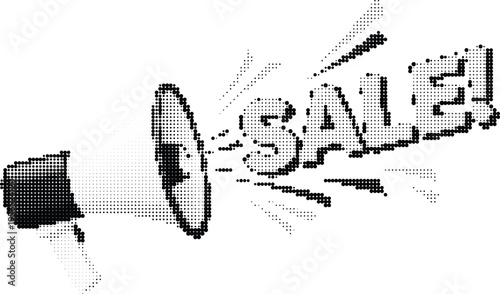 A halftone style graphic of a megaphone announcing a sale with a dramatic dot pattern effect Vector