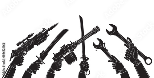 Hands holding various weapons and tools, symbolizing conflict and power dynamics in a vector illustration.