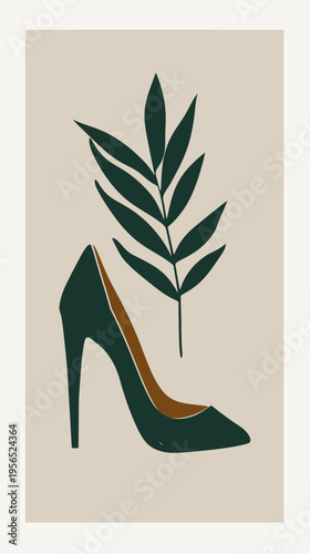 Abstract illustration of a high heeled shoe and leaves in a neutral background