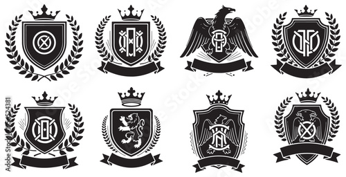 Set of eight elegant black and white heraldic crests with crowns, shields, and laurel wreaths, perfect for design elements.
