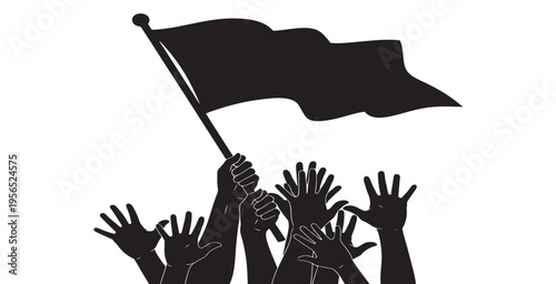 Black silhouette of hands holding a flag, symbolizing protest, revolution, and unity against a white background.