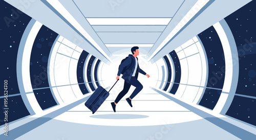 Urgency travel vector illustration of a man running with suitcase through futuristic tunnel