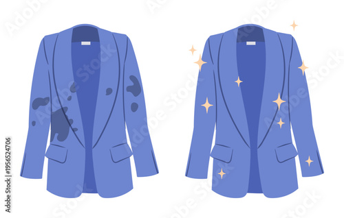 Cartoon dirty and clean jacket. Stained and wrinkled clothing become clean and fresh, laundry apparel flat vector illustration. Cotton jacket cleaning concept on white