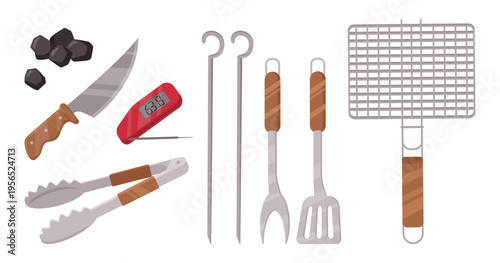 Barbecue cooking tools. Cartoon bbq camping equipment, barbecue grate, tongs, skewers and charcoal for kindling flat vector illustration set. Bbq cooking tools on white background