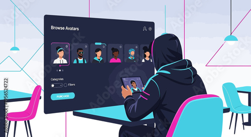 User interacting with a digital avatar customization platform for virtual identity selection