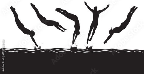 Set of black silhouettes of divers in various positions, jumping into water with splashes, isolated on a white background.