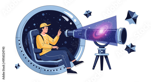 Vector illustration exploring the cosmos with telescope for education and scientific discovery