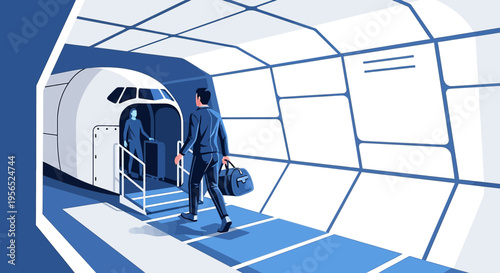Vector illustration depicting a passenger deplaning from an aircraft walkway showing global