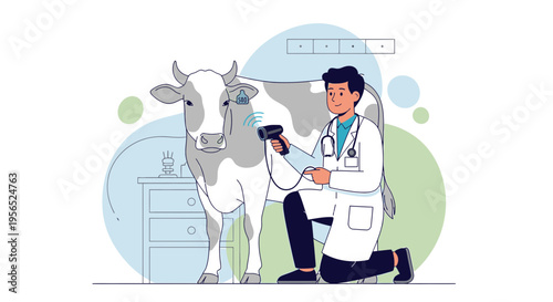 Veterinarian scanning a cow with an electronic reader in a medical environment setting illustration