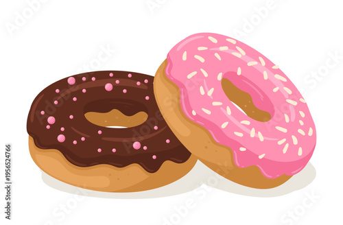Cartoon donuts. Sweet pastry with icing and sprinkle, bakery delicious pastry dessert, chocolate and strawberry glaze doughnuts flat vector illustration. Donuts isolated on white