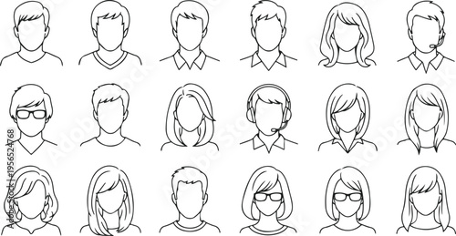 Diverse set of hand-drawn line art faces showing varied hairstyles and expressions for character design