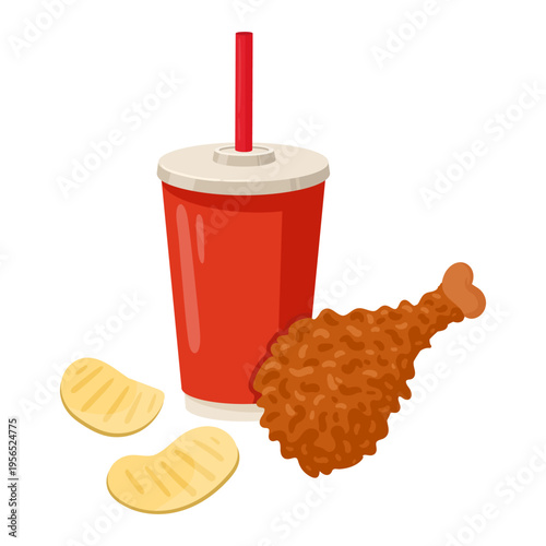Cartoon fast food set. Chicken leg and soda pop, junk food menu, deep-fried chicken and soft drink flat vector illustration. Takeaway fast food meal isolated on white